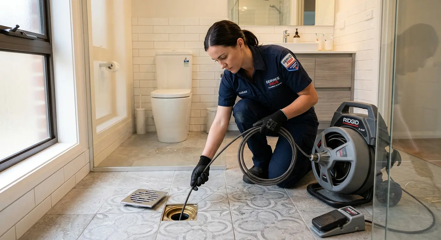 Technician clearing a bathroom floor drain for Drain Cleaning in Mount Pleasant
